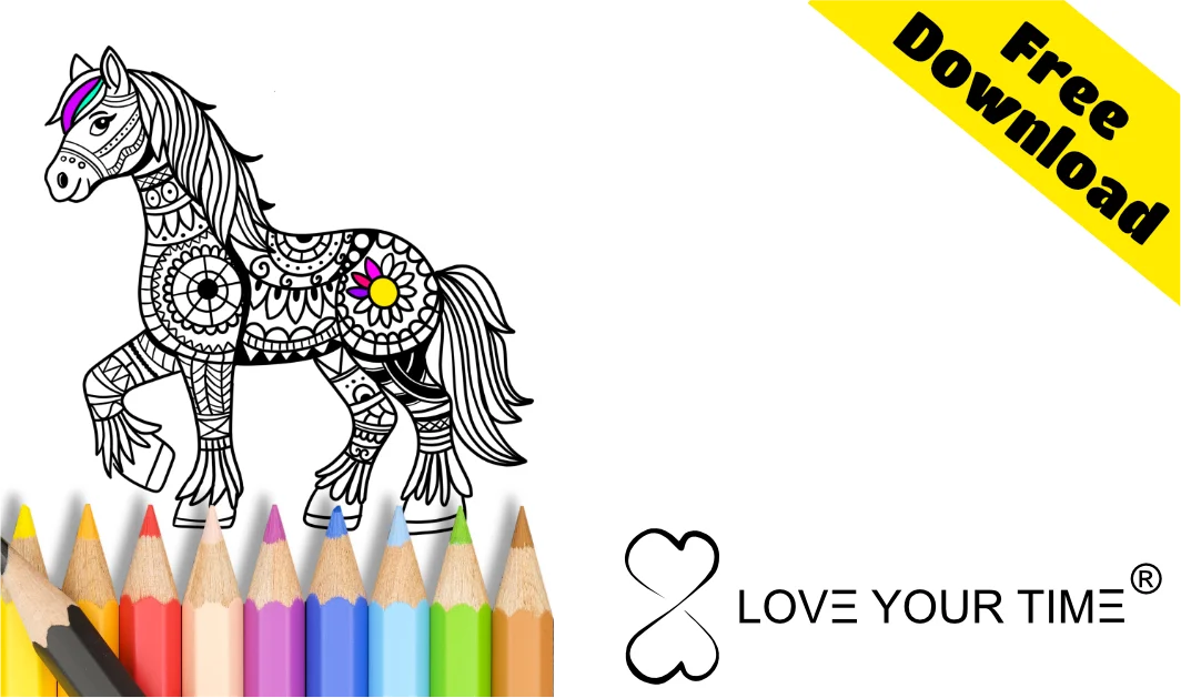 Ausmalvorlage eines Mandala-Pferdes mit floralen und geometrischen Mustern, umgeben von farbigen Buntstiften und einem "Free Download"-Hinweis.